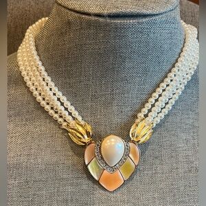 90’s Butler Swarovski Necklace White Pearls Choker Gold Tone Crystal 17” Brooch